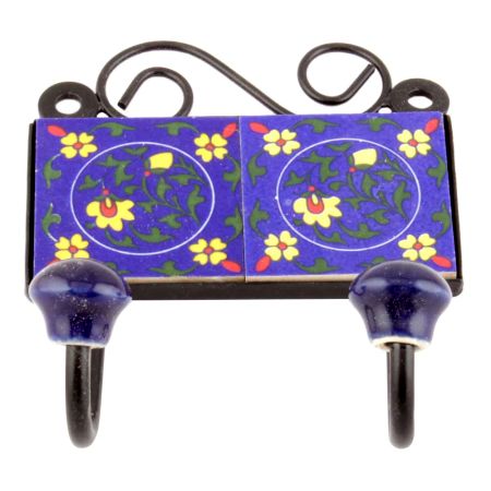 Navy Blue Forest Green Leaf Floral Ceramic Tiles Hooks